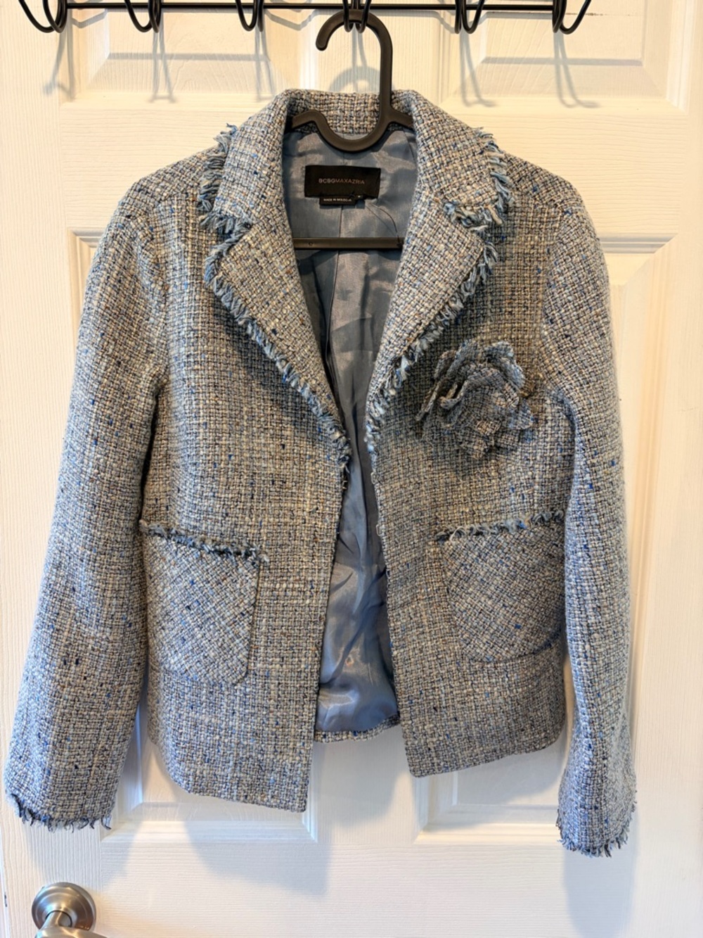 New w/o tag BCBGMaxAzria Wool Tweed Fringe Blazer with Floral Accent